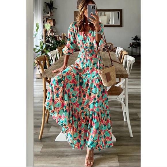 Dresses & Skirts - Multicolor Bohemian Print V Neck Ruffle Long Sleeve Maxi Dress